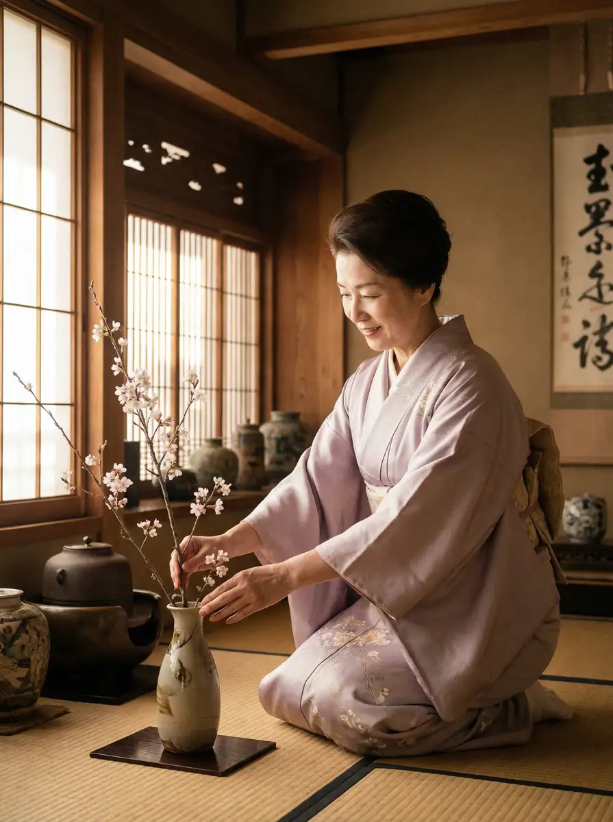 一位优雅的 原始生活21天去码免费 在和室中插花